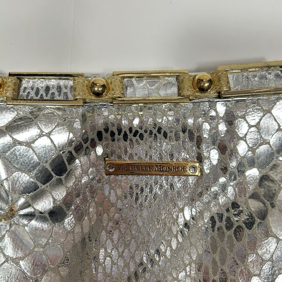 MICHELLE MONROE Croc Embossed Silver Gold Convertible Clutch Bag Key Chain Flaw - Picture 4 of 10